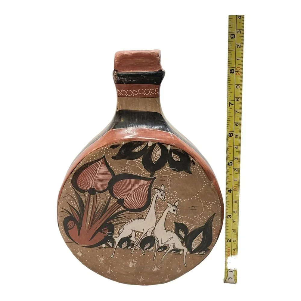 Mexican Folk Pottery Jug Tonala Vase Deer Birds Plants Hand Painted E Perez sign